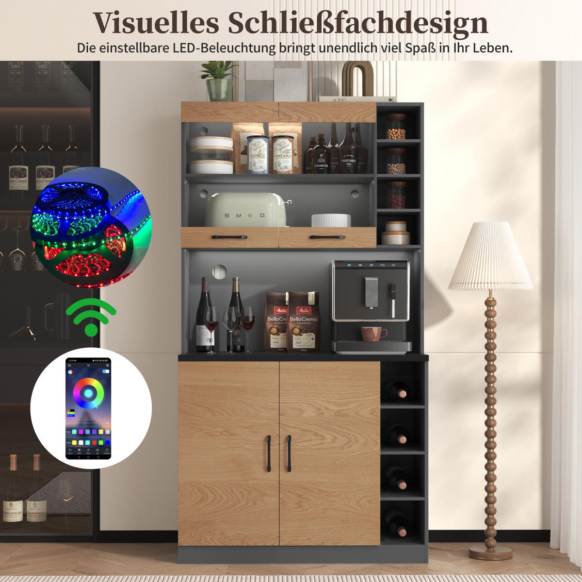 BUFFET 100/47/187 cm Natürlich mit LED-Ambiente-Beleuchtung und Ablagefächer - Naturfarben, Holz (100/187/47cm) - Oxeza