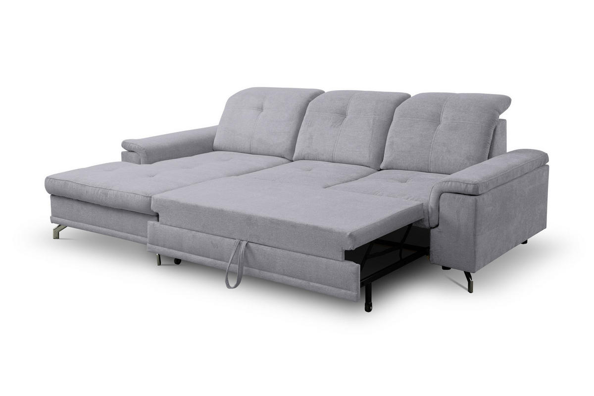ECKSOFA PANAMA mit Schlaffunktion und Bettkasten, Farbe: Hellgrau, Velourstoff, Ottomane Links - Hellgrau, Textil (270/180cm) - VENASI MÖBEL