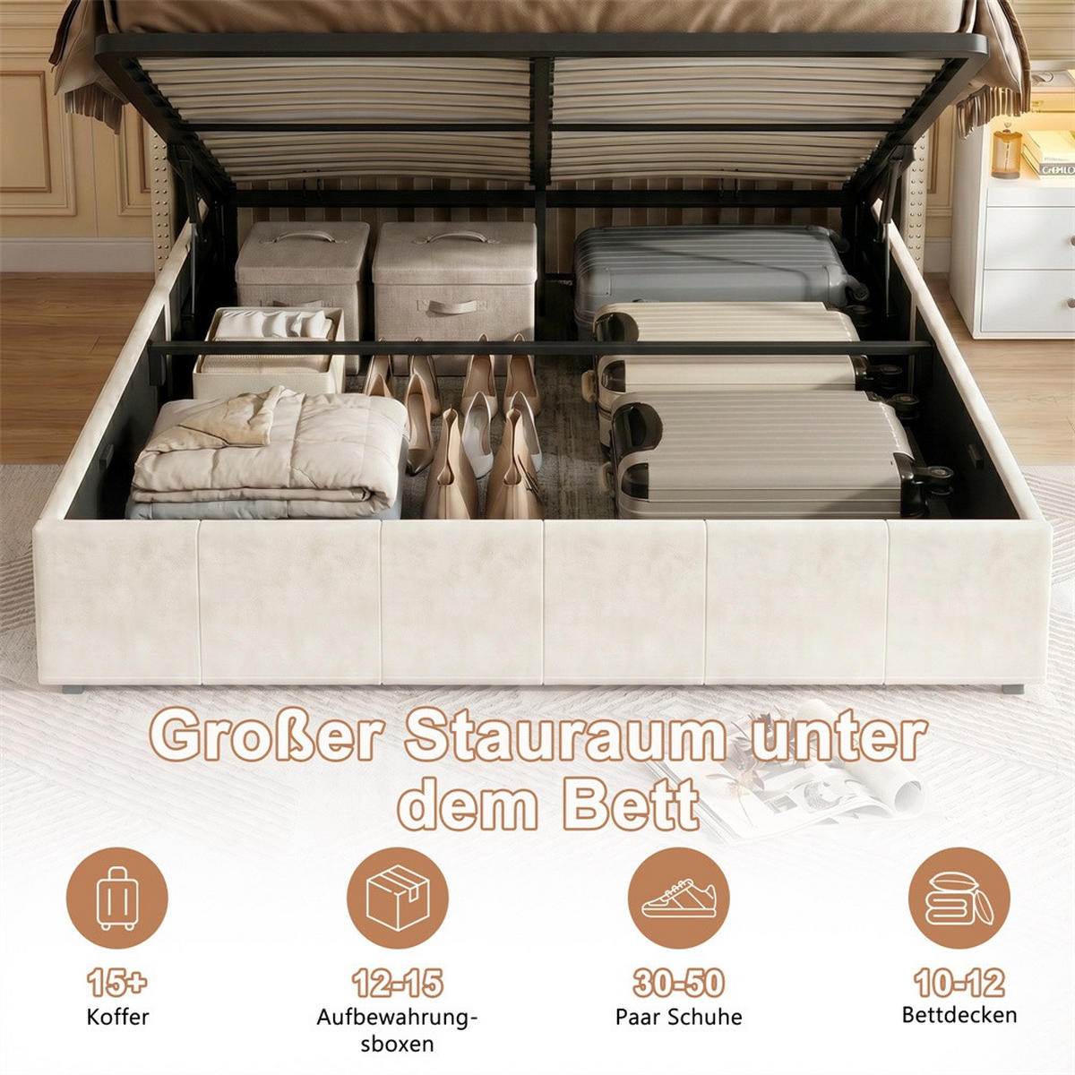 POLSTERBETT 140x200 cm - mit integrierten LED-Leseleuchten und hydraulischer Hebefunktion - ohne Matratze - Beige - Beige, Textil (140/200cm) - DELFA