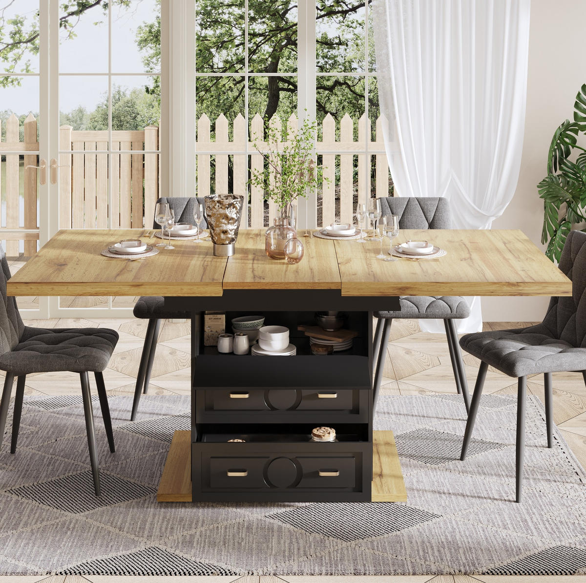 ESSTISCH aus MDF und Metall 110-140x80x75 cm Naturholzfarben ausziehbar mit Stauraum und Holzmaserung - Naturfarben, Holzwerkstoff (110/80/75cm) - Modfu