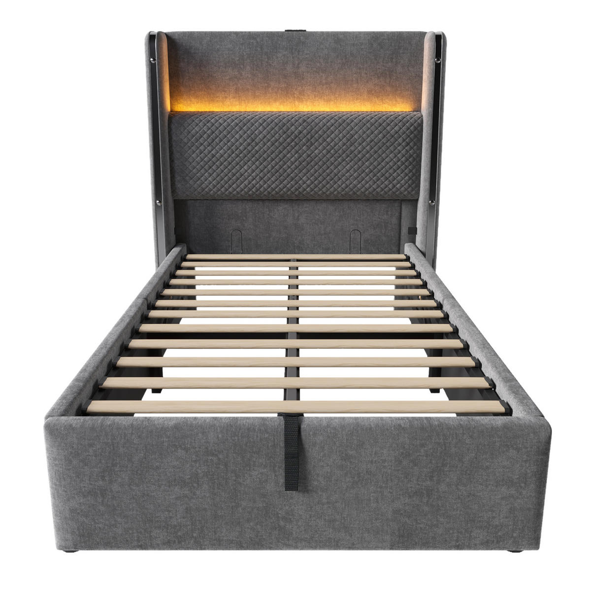 BETT 90/200 cm Grau mit hohem Kopfteil LED-Beleuchtung und Stauraum - Grau, Textil (90/200cm) - OKWISH