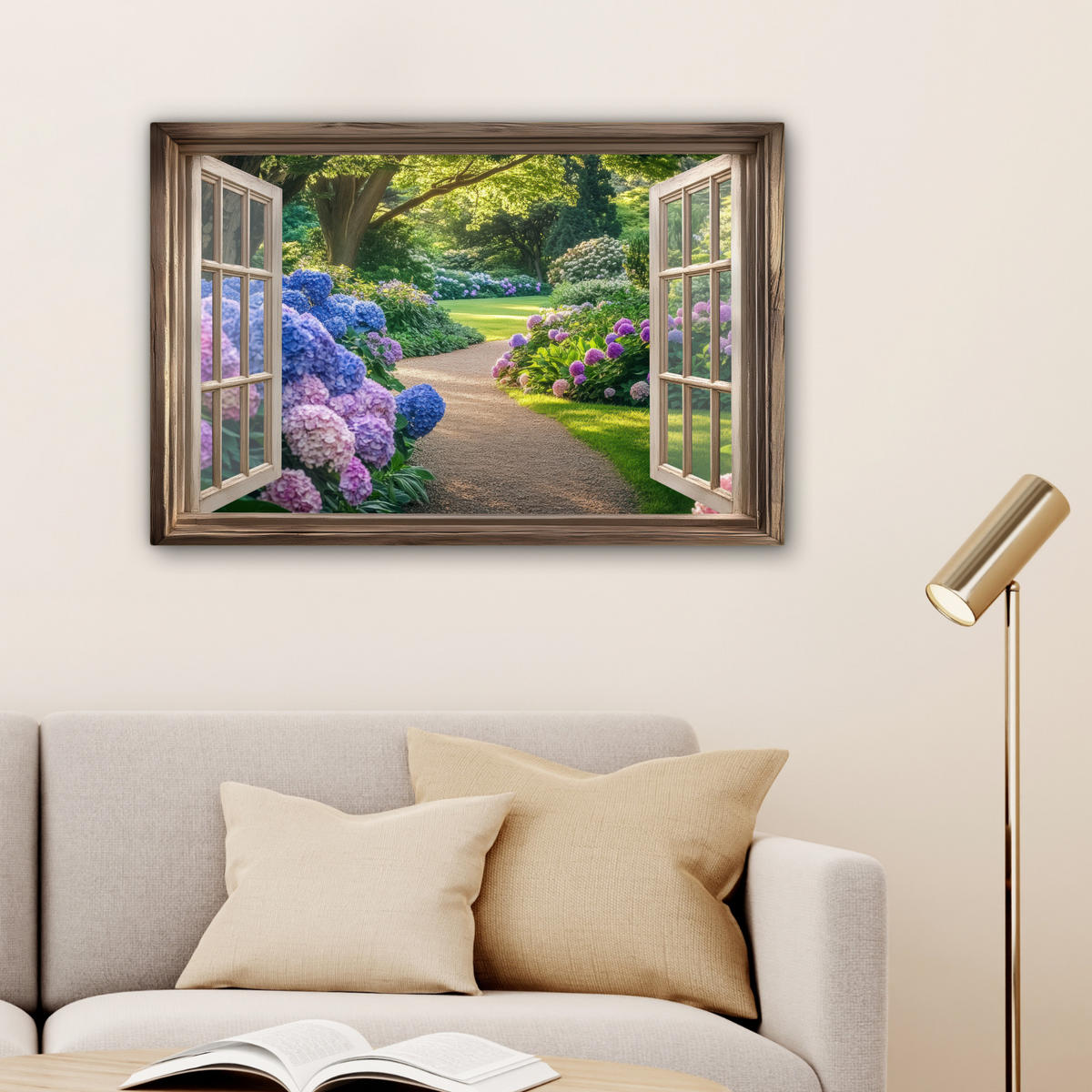 LEINWANDBILD Aussicht - Garten - Fenster - Hortensie - Blumen Gemälde 60x40 cm - Pastellblau, Textil (60/40cm) - MuchoWow