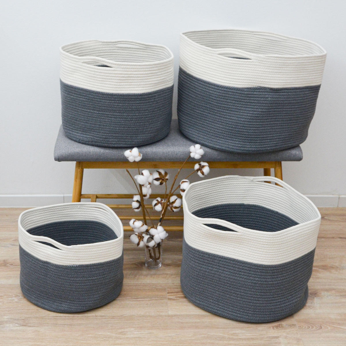 BAUMWOLL-WÄSCHEKORB 4er Set Grau - Grau, Textil (48/33/46cm) - Dunedesign