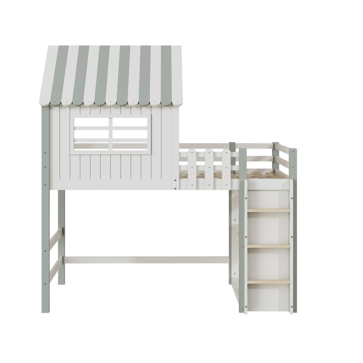HAUSBETT 90/200 cm Grün aus Massivholz mit Dach und Sicherheitsleiter - Grün, Holz (90/200cm) - OKMYHOME