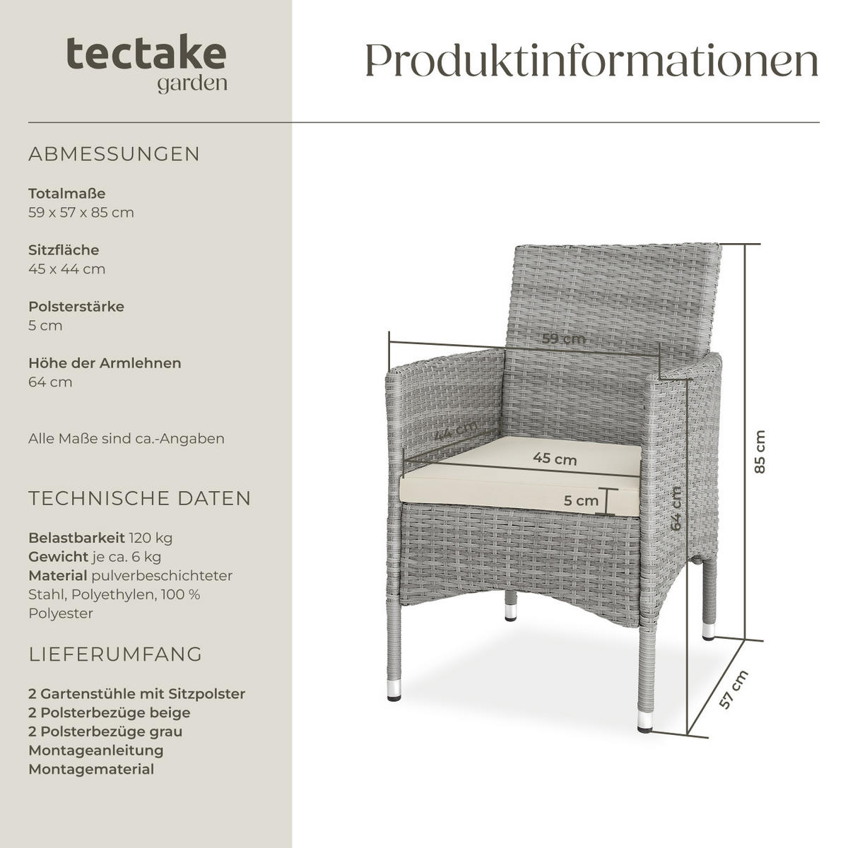 RATTANSTUHL 2er Set Nantes,59 x 57 x 85 cm,hellgrau/creme - Hellgrau/Creme, Kunststoff (57/85/59cm) - tectake