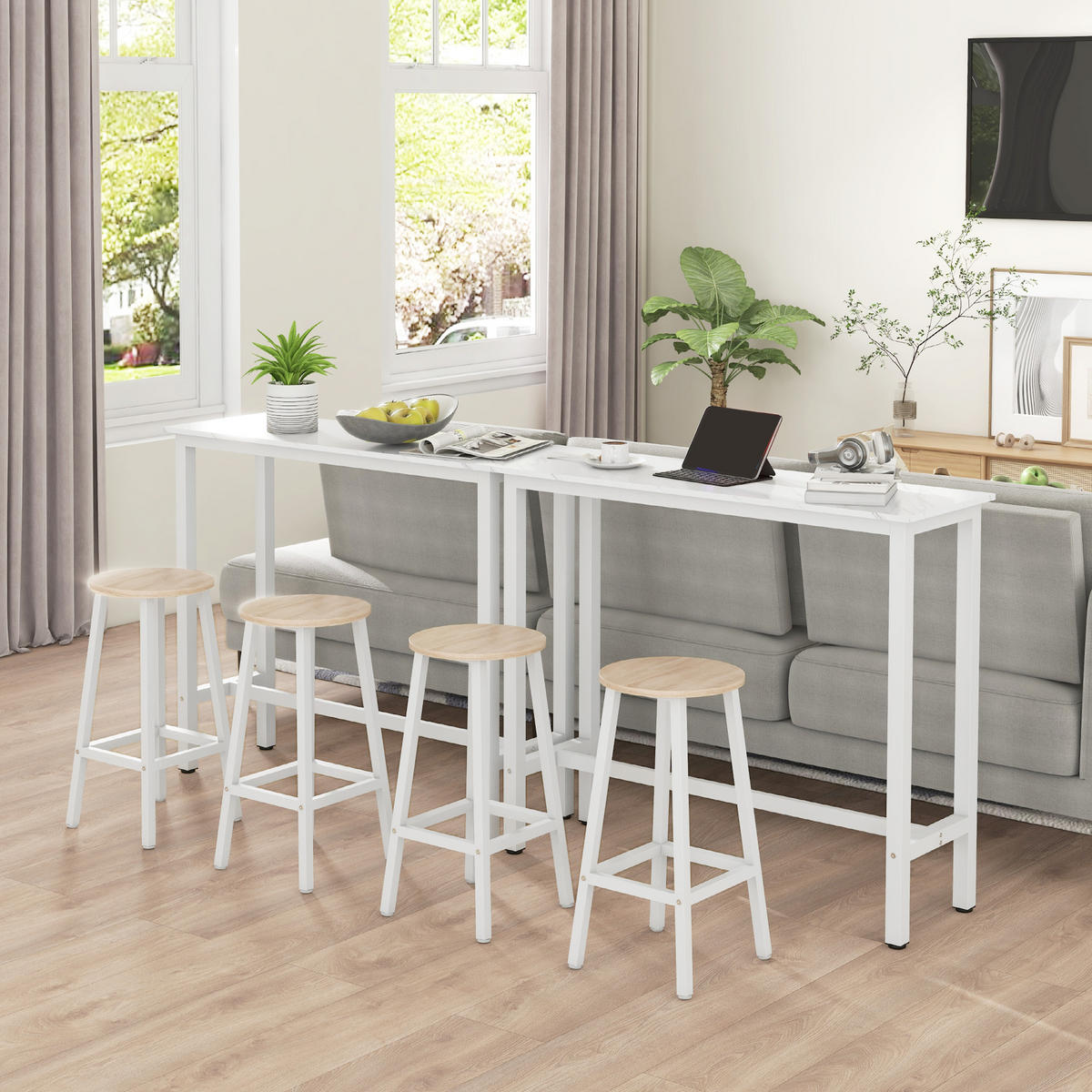 BARHOCKER 2er-Set DE-14751 ohne Rückenlehne, mit Fußstütze Weiß/Holzoptik - Naturfarben, Holzwerkstoff (32.5/65/32.5cm) - ComfortXL