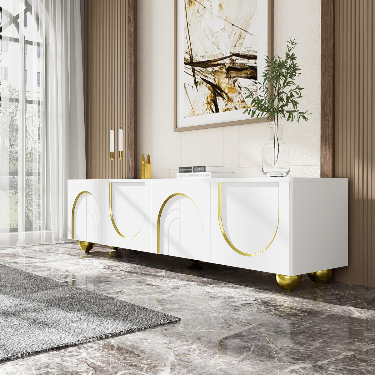 LOWBOARD in Weiß und Gold TV-Schrank mit strukturierten Türen für Wohnzimmer, B170/T38/H44 cm - Goldfarben/Weiß, Holzwerkstoff/Metall (170/44/38cm) - STILVORA