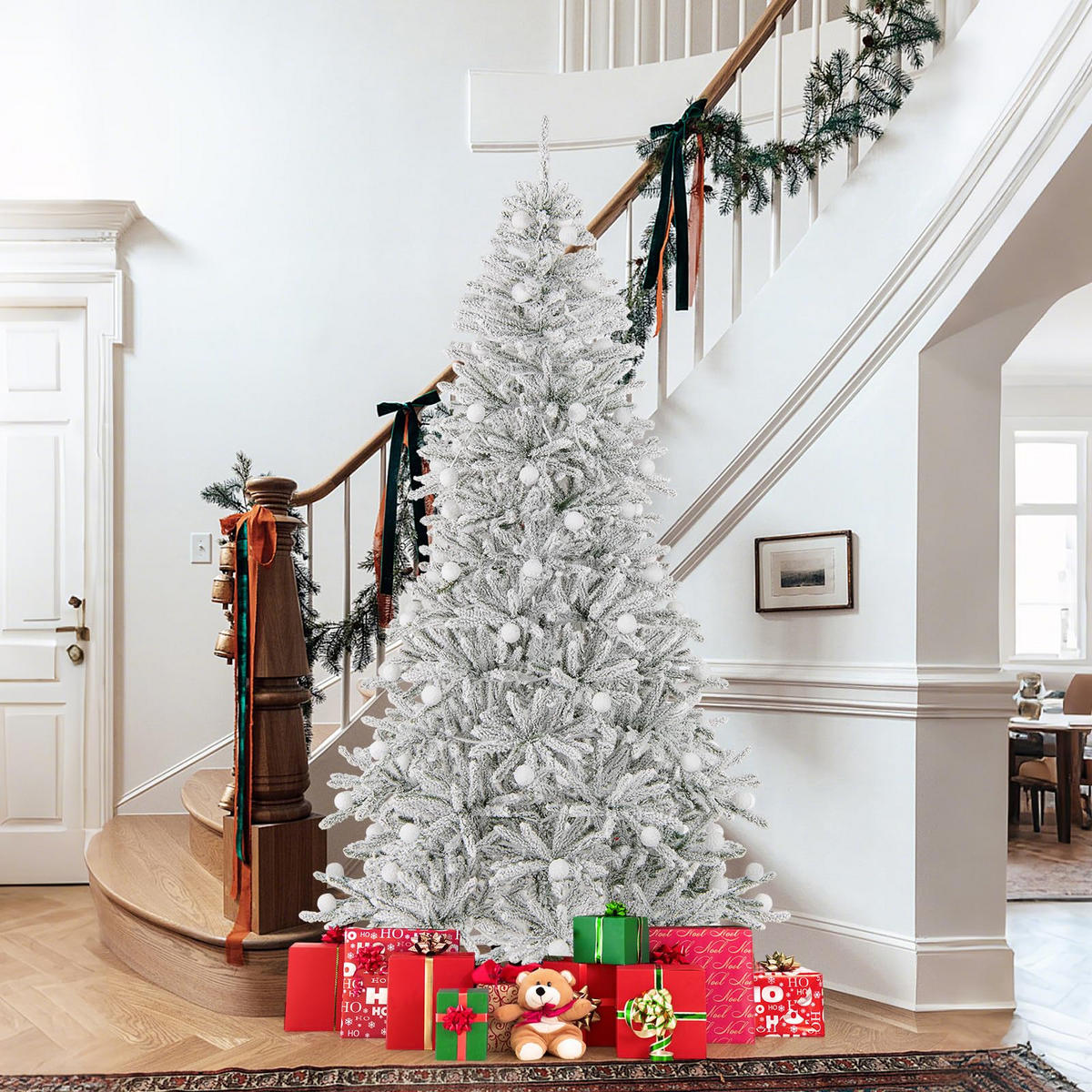 WEIHNACHTSBAUM mit Beleuchtung und Schnee Fernbedienung und Timer 210 cm weiß - Weiß, Metall (180cm) - COSTWAY