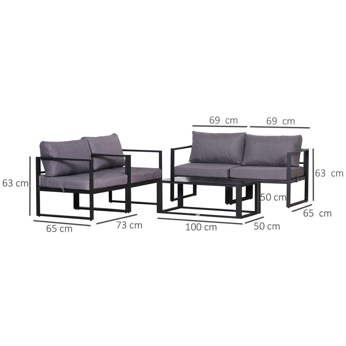 GARTENMÖBELSET 138/69/63 cm grau aus Aluminium mit Kissen und Glastisch - Grau, Metall - OKWISH