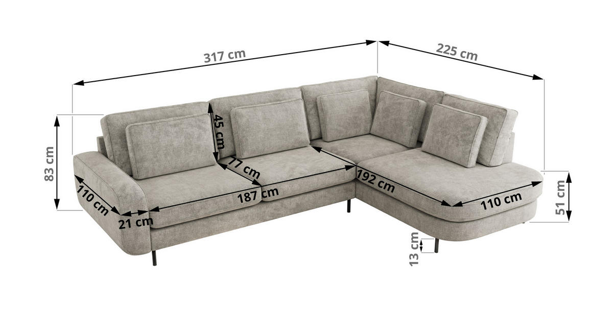 ROHOVÁ SEDAČKA CALENO L - Světle šedá hladký senil - Levá Strana - černá/světle šedá, kov/textil (317/225cm) - MKS
