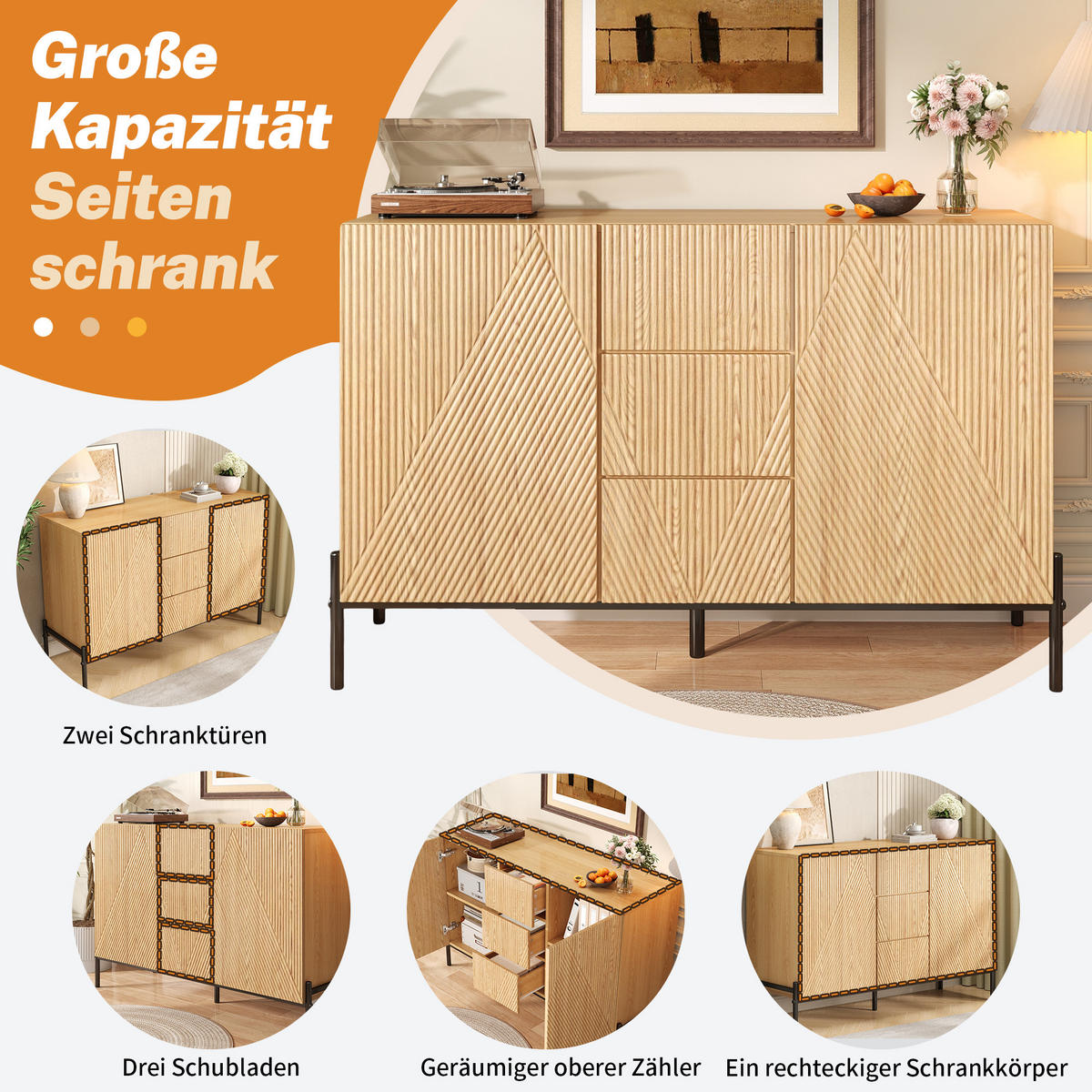 SIDEBOARD in Naturfarben Kommode mit geometrischer Struktur, Doppeltüren und Schublade für Esszimmer, B115.5/T40/H76cm - Schwarz/Naturfarben, Holzwerkstoff/Metall (115.5/76/40cm) - STILVORA