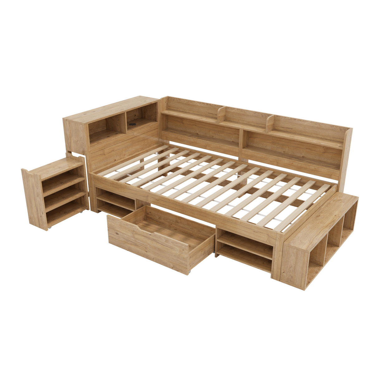 KINDERBETT 90/200 cm aus Sperrholz mit Stauraum und Regalen Natur - Naturfarben, Holzwerkstoff (90/200cm) - Modenvie