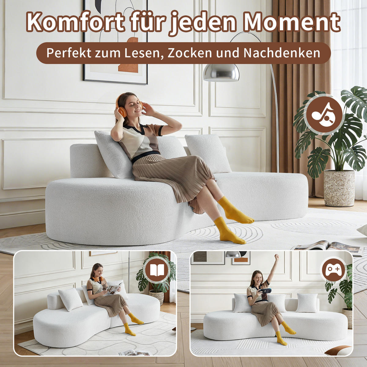 ECKSOFA DE-35255 gekrümmt Weiß - Weiß, Textil (103/277cm) - ComfortXL