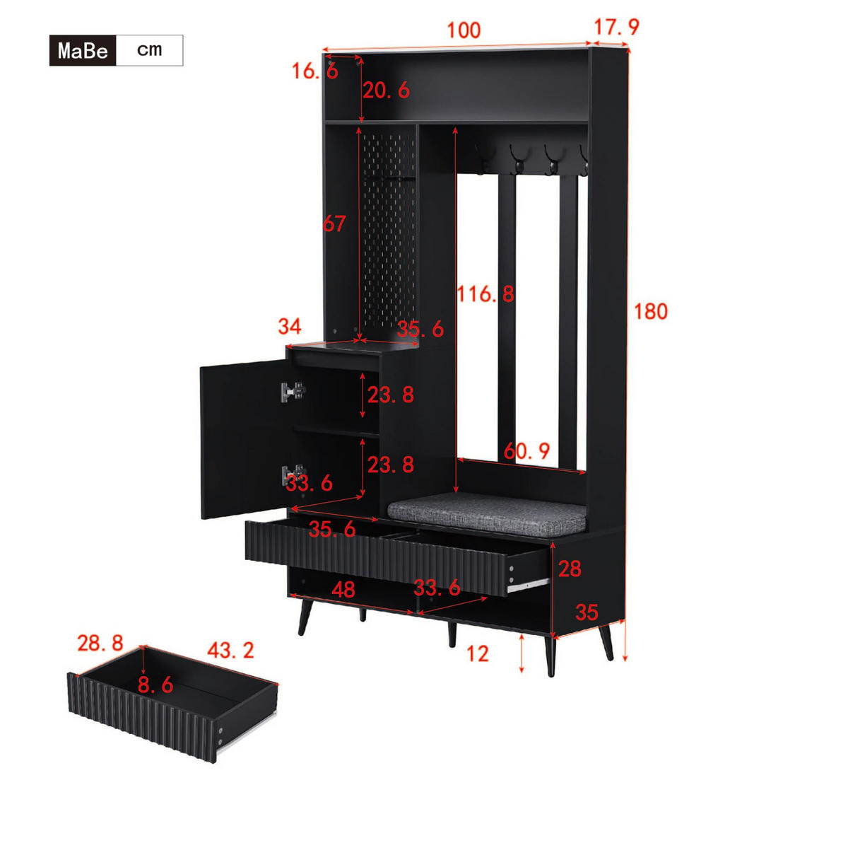 GARDEROBE 100/180/35 cm Schwarz aus MDF mit Sitzbank - Schwarz, Holzwerkstoff (35/180/100cm) - OKMYHOME