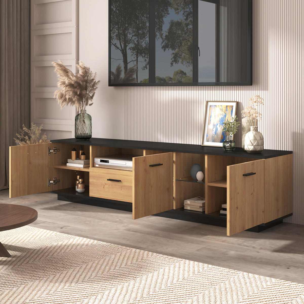 TV stolek 180/37/45 cm černá a dekor dřeva z MDF s LED osvětlením - černá, kompozitní dřevo (180/45/37cm) - OKWISH