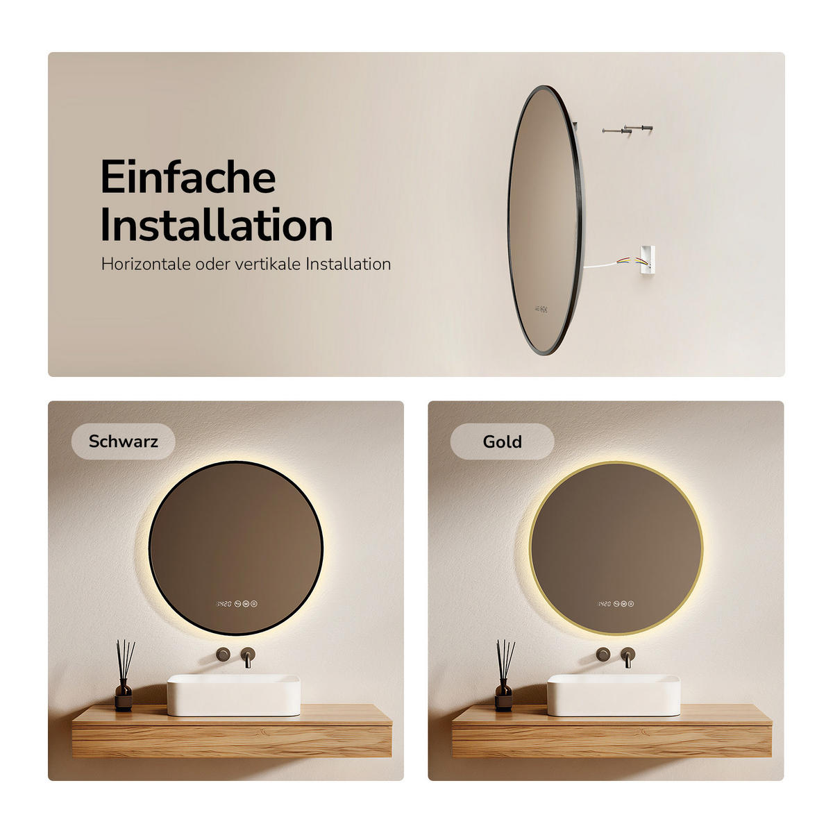 BADSPIEGEL mit LED-Beleuchtung, Anti-Beschlag-Funktion und Uhrzeitanzeige, Schwarz, Ø 70 cm - Schwarz, Glas (70/70/3cm) - EMKE