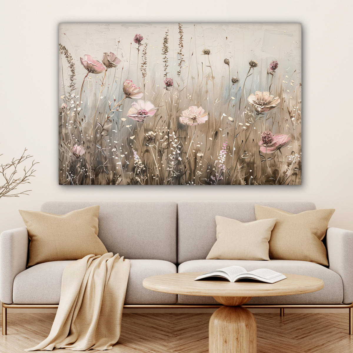 LEINWANDBILD Blumen - Rosa - Modern - Beige Wohnzimmer 120x80 cm - Beige, Textil (120/80cm) - MuchoWow