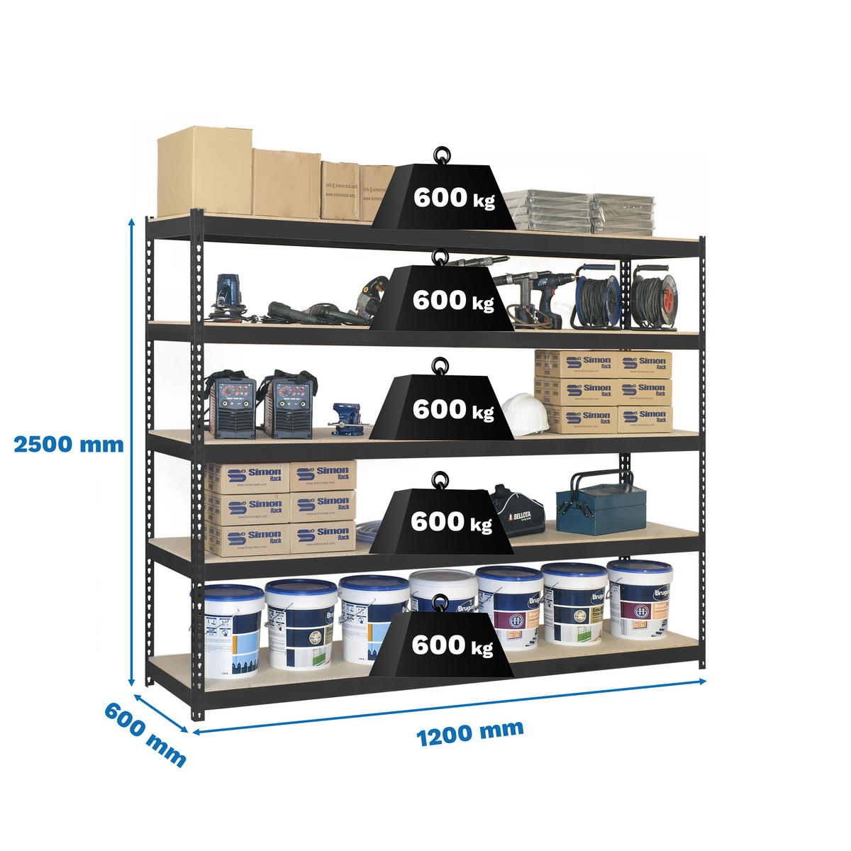 SCHWERLASTREGAL Wood Beast Five HxBxT 250 x 120 x 60 cm 5 Ebenen Fachlast 600 kg Anthrazit - Anthrazit, Metall (120/250/60cm) - PROREGAL