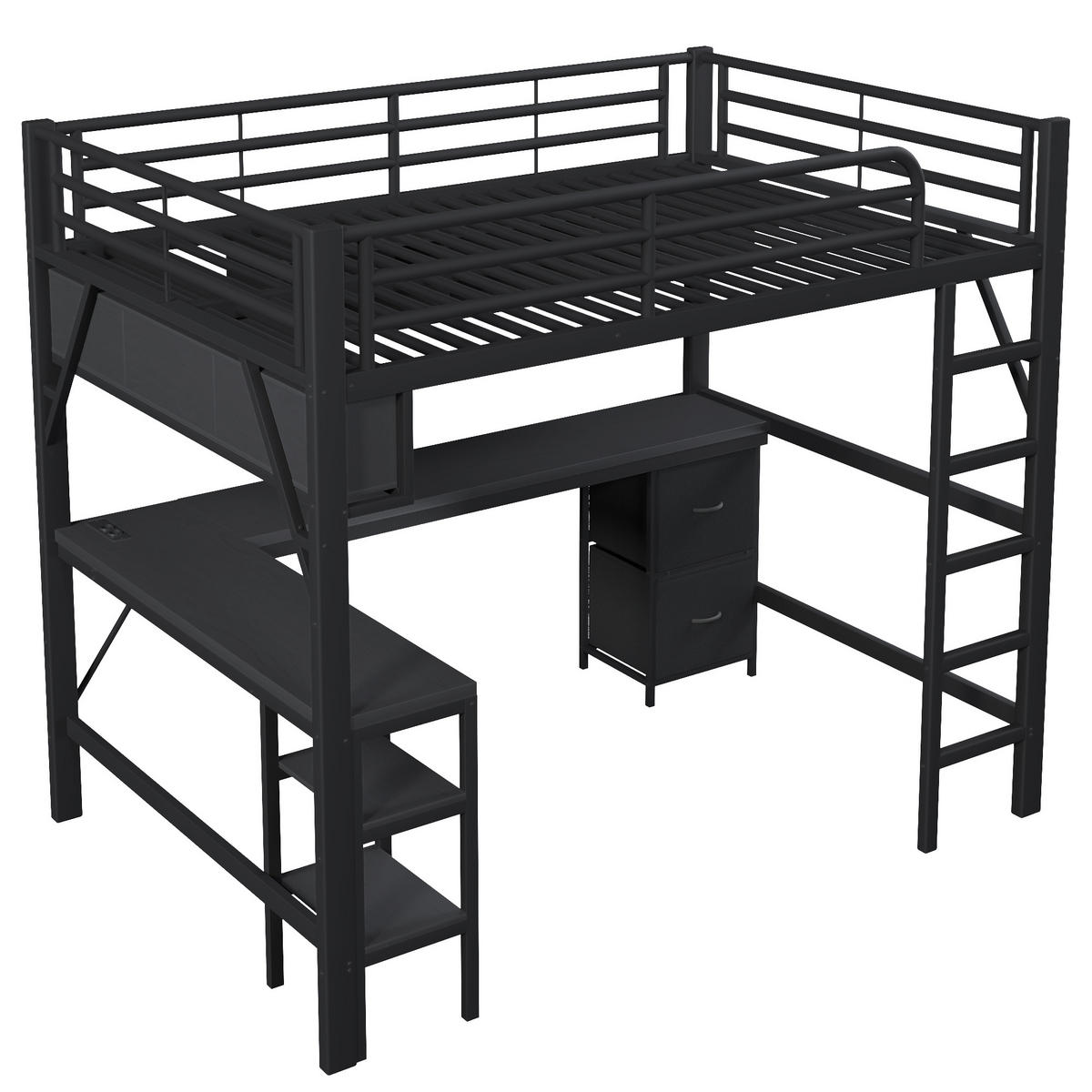 HOCHBETT 140/200 cm in Schwarz mit Schreibtisch, Regal, Schubladen, LED und USB - Schwarz, Holzwerkstoff/Metall (140/200cm) - STILVORA