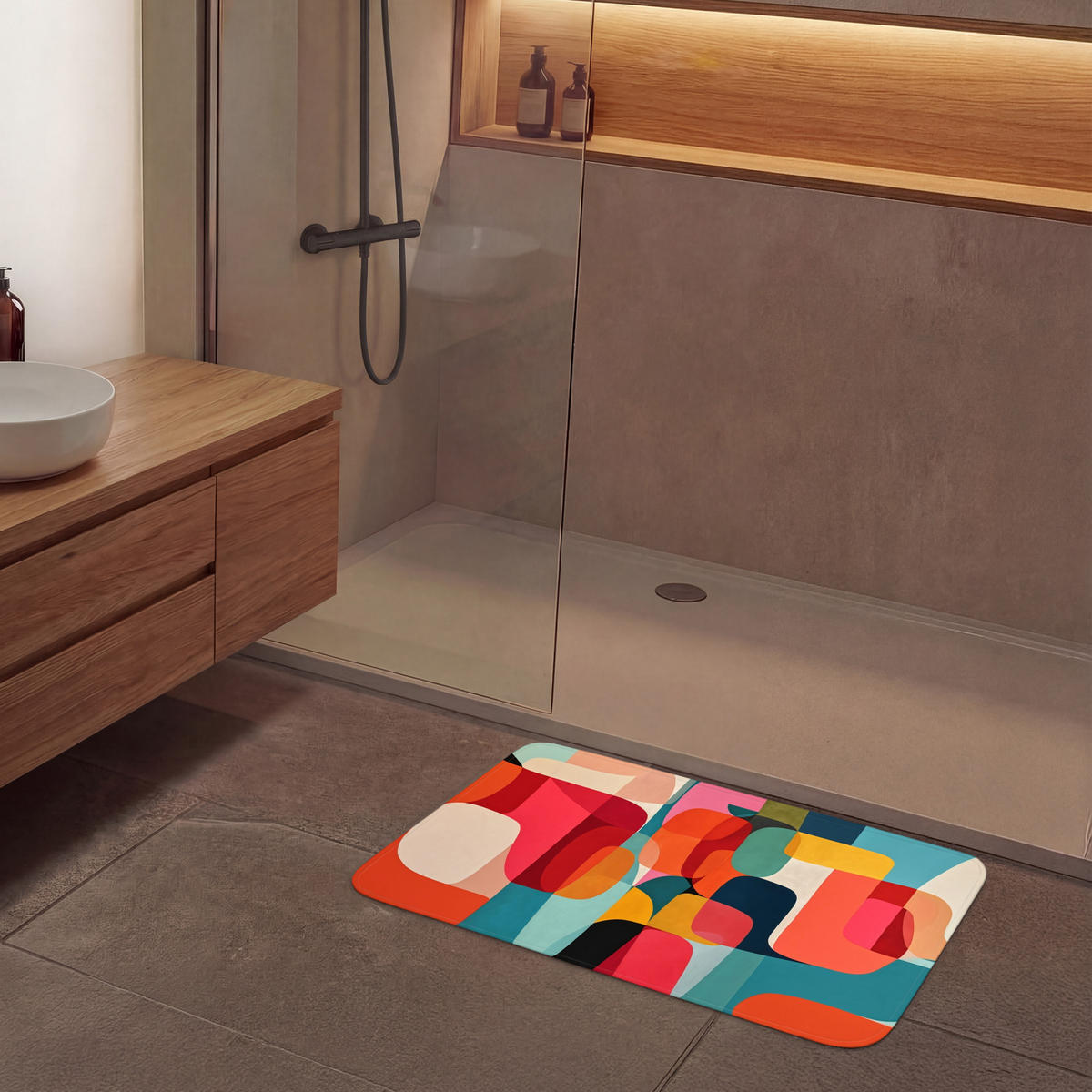 KOUPELNOVÁ PŘEDLOŽKA Tvary - barevné - abstraktní - letadla 90x60 cm - různobarevná, textil/plast (90/60cm) - OnlyWow
