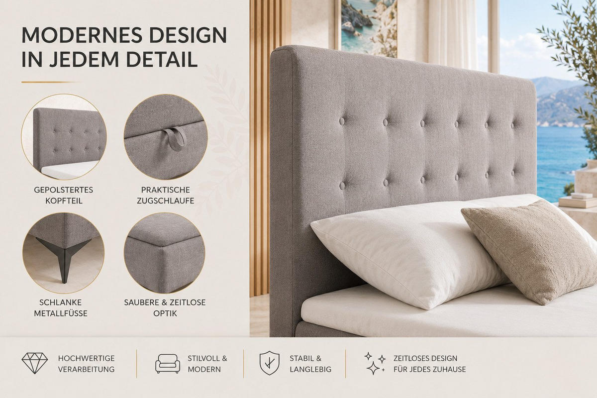 BOXBETT K15 Single SLIM mit Bettkasten & Bonell-Federkern inkl. Topper - Taupe, Holz/Textil (200/90cm) - Best For Home