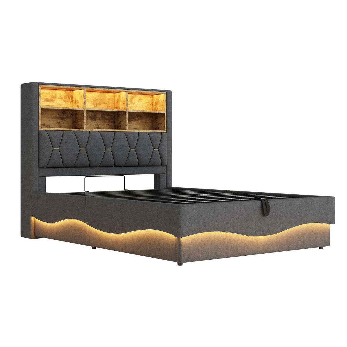 POLSTERBETT 140/200 cm Grau mit hydraulischem Stauraum und LED-Beleuchtung - Grau, Metall (140/200cm) - OKWISH