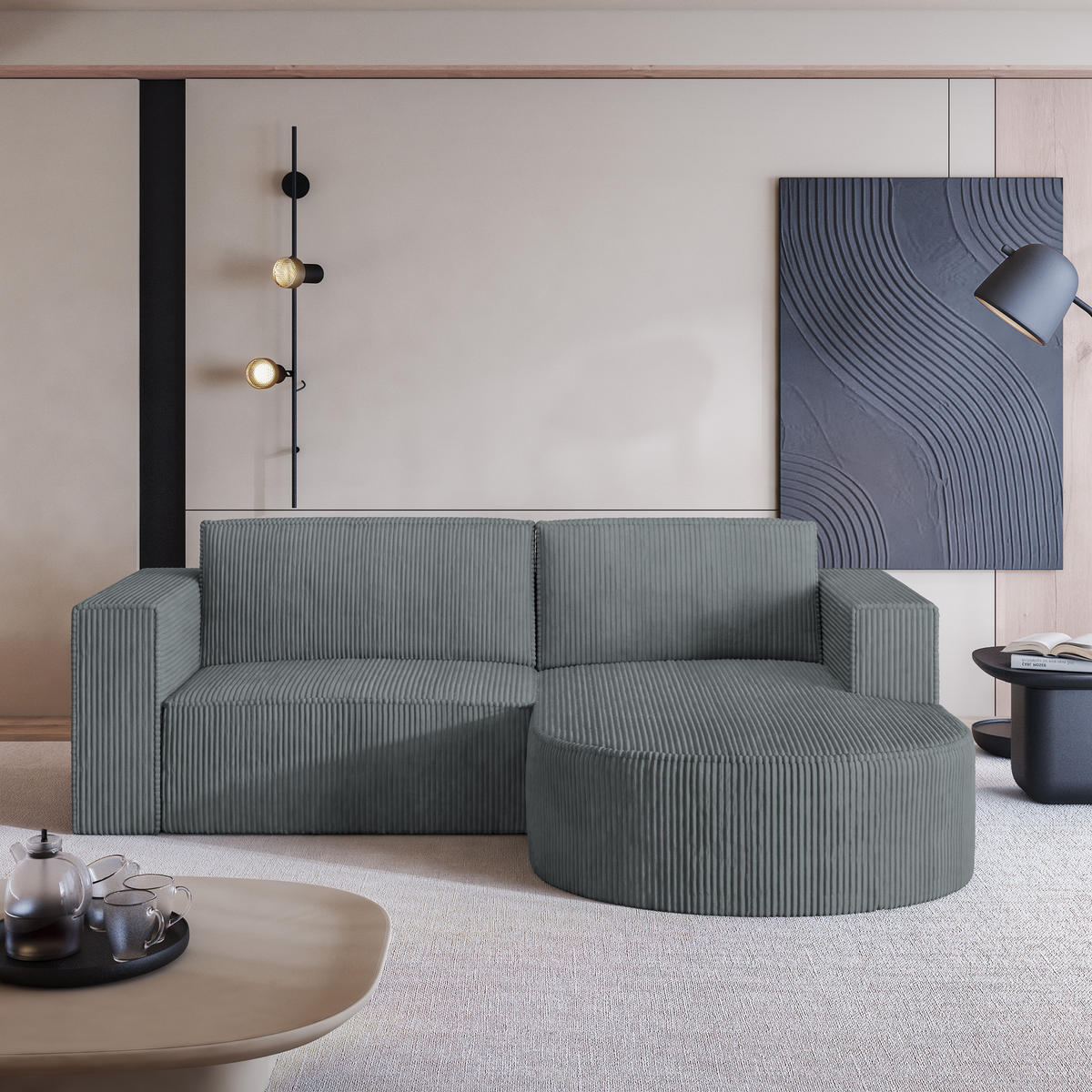 ECKSOFA SORELA P R-S Grau Kordstoff mit Schlaffunktion - Grau, Holz (263/174cm) - MASSENO