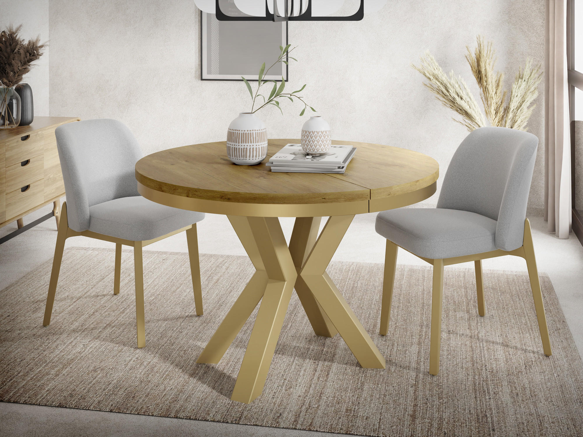 ESSTISCH Clara Gold runder ausziehbarer, Lancelot Eiche 120-200/120/76 cm - Eichefarben/Goldfarben, Holzwerkstoff/Metall (120/120/76cm) - WFL GROUP