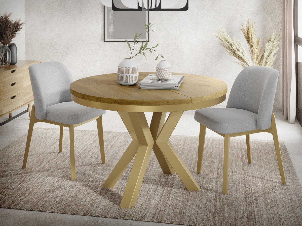 ESSTISCH Clara Gold runder ausziehbarer, Lancelot Eiche 100-180/100/76 cm - Eichefarben/Goldfarben, Holzwerkstoff/Metall (100/100/76cm) - WFL GROUP