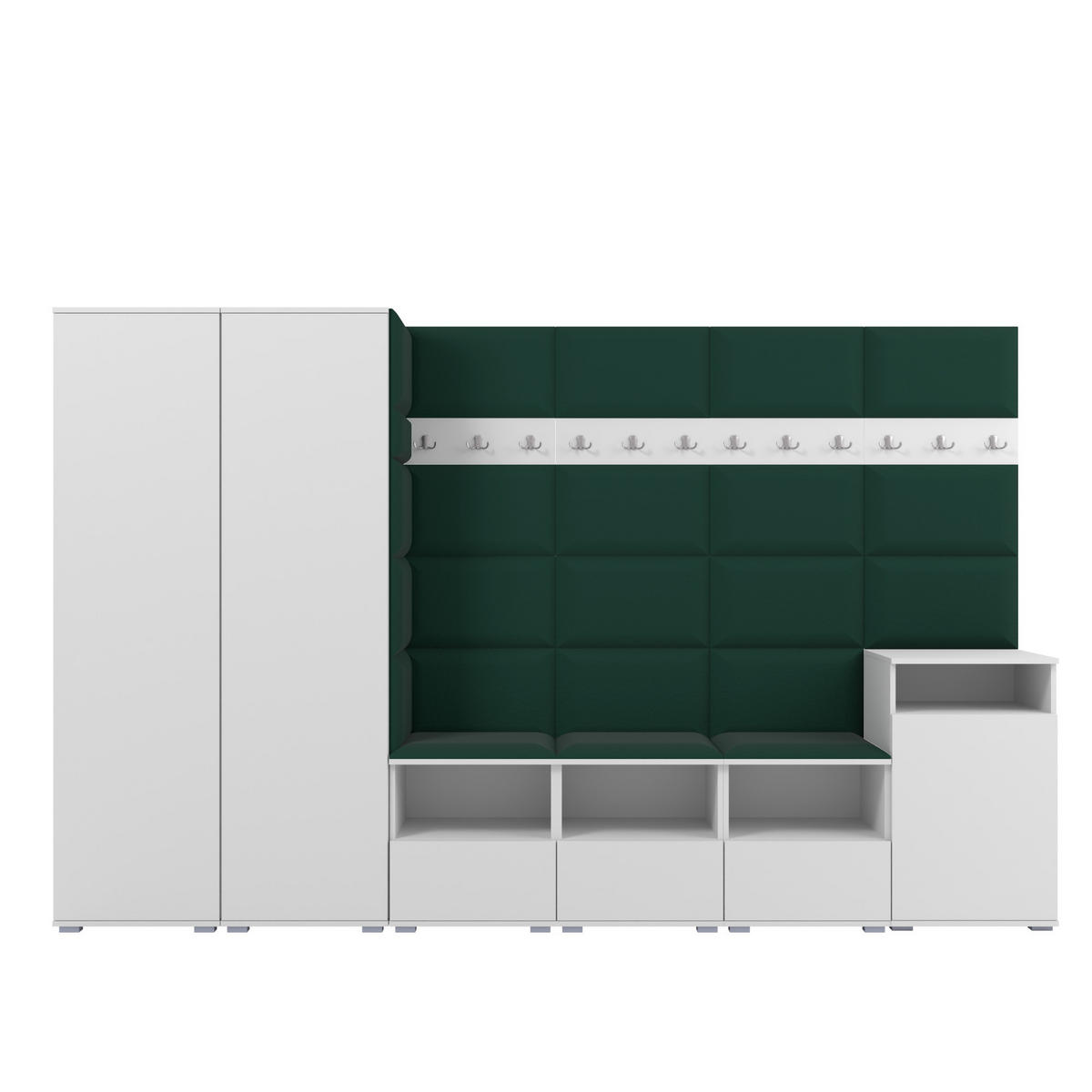 GARDEROBE NELA XII 300 cm (Modulare Flurmöbel Weiß mit Sitzpolster Flaschengrün 28 Gigantisches Set) - Dunkelgrün/Silberfarben, Holz/Holzwerkstoff (300/187/40cm) - Ravio