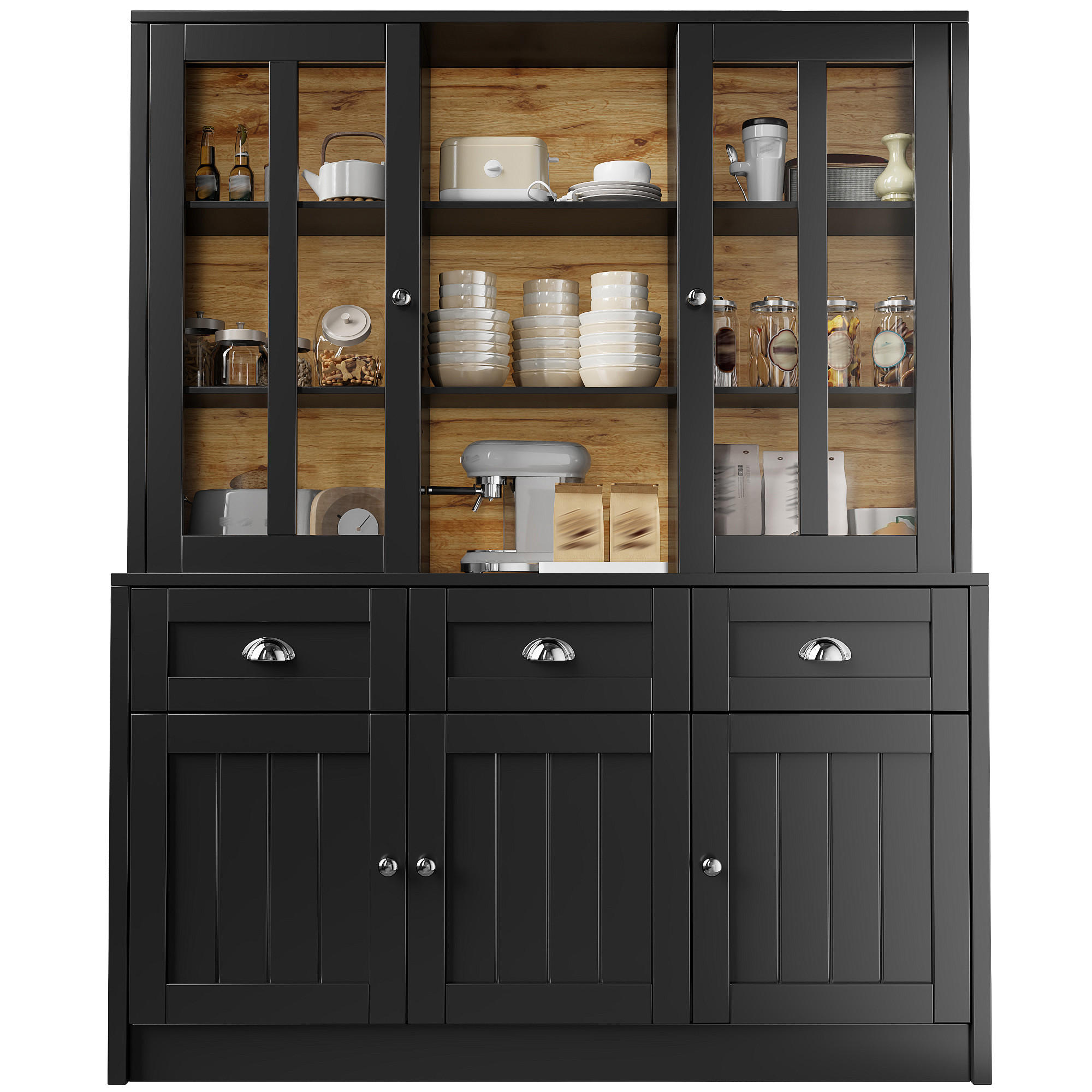 BUFFETSCHRANK Kombi Schwarz 140/38.5/175 cm - Schwarz, Holz (140/175/38.5cm) - PANGIVO