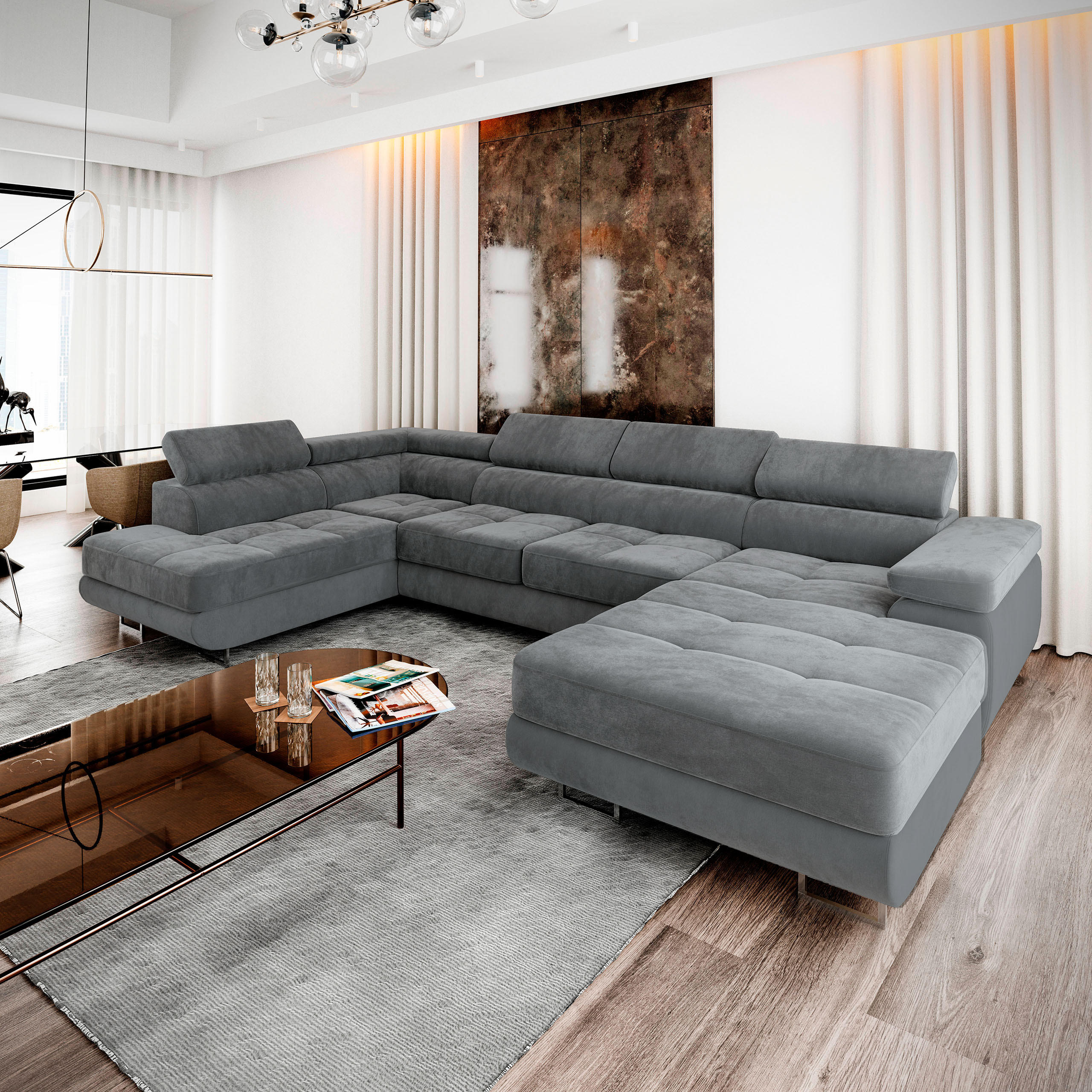 WOHNLANDSCHAFT CASONE L-S Grau Velours-Stoff mit Schlaffunktion - Grau, Holz (345/90/202cm) - MASSENO