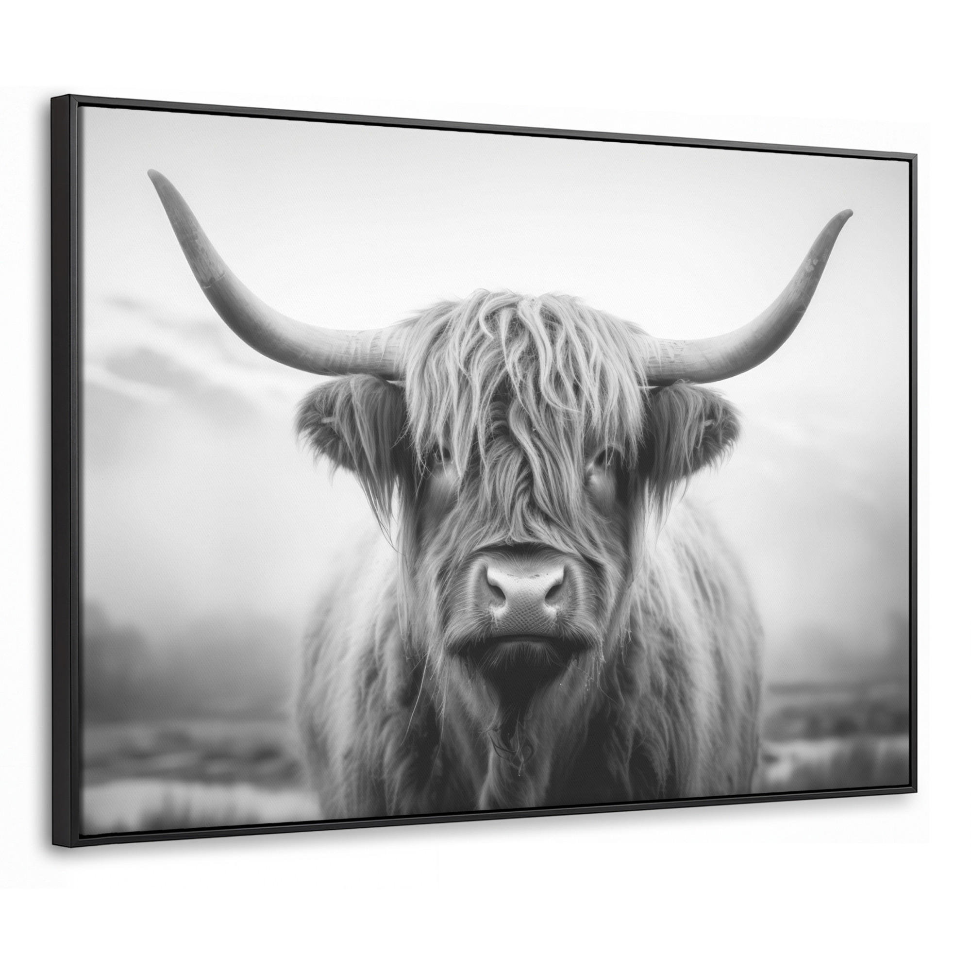 LEINWAND Bilder mit Rahmen - Schottischer Highlander - Nebel - Schwarz - Weiß - 80x60 - Grau, Textil (80/60cm) - MuchoWow