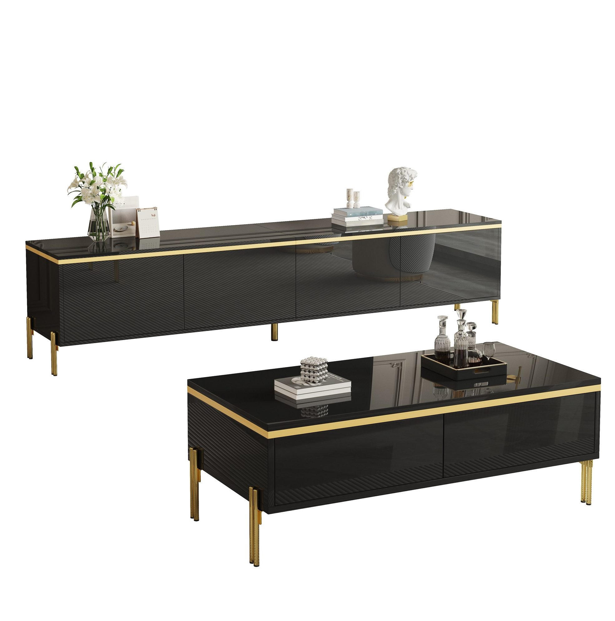 TV-MÖBEL- und Couchtisch-Set 170/38/50 + 100/50/36 cm aus Holzwerkstoff mit Stauraum und Schubladen, hochglänzend, Schwarz - Schwarz, Holzwerkstoff (170/50/38cm) - Redom