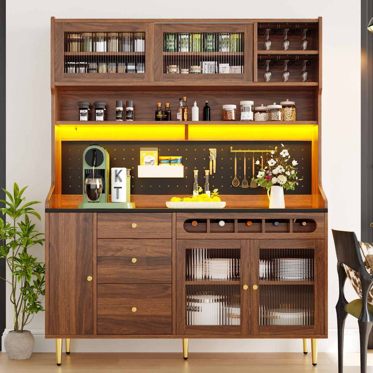 KÜCHENSCHRANK 145x39x171 cm, LED-Beleuchtung, Schiebetüren, Weinregal, Walnuss - Walnussfarben, Holzwerkstoff (145/171/39cm) - FOHERE