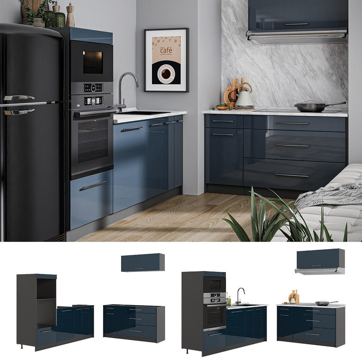 KÜCHENZEILE Fame-Line, Dunkelblau Hochglanz/Anthrazit, 340 cm ohne Arbeitsplatte - Anthrazit/Dunkelblau, Holzwerkstoff (340/153.6/51.6cm) - Vicco