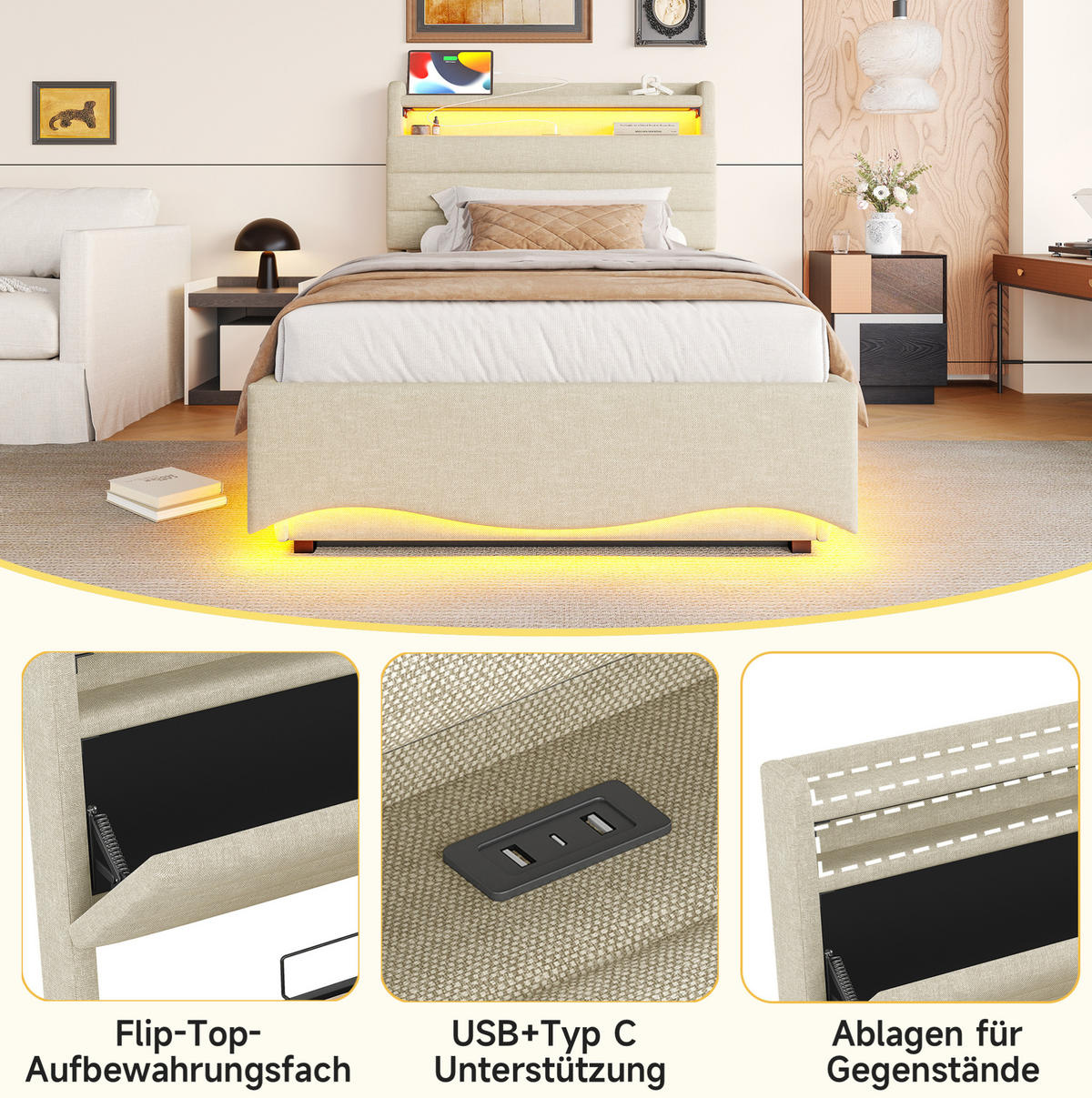 POLSTERBETT aus Leinen 90x200 cm Beige mit LED-Beleuchtung, USB- und Typ-C-Anschluss sowie hydraulischem Stauraum - Beige, Textil (90/200cm) - Modfu