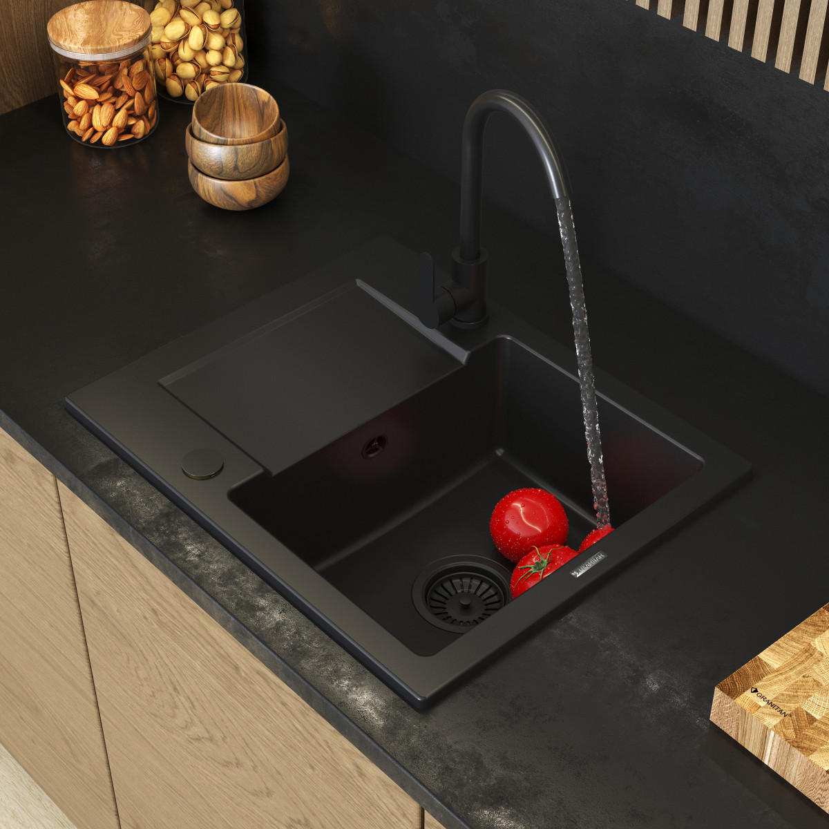 GRANITSPÜLE Fabro mit Batterie - Schwarz, Kunststoff/Stein (47/18/58cm) - Granitan