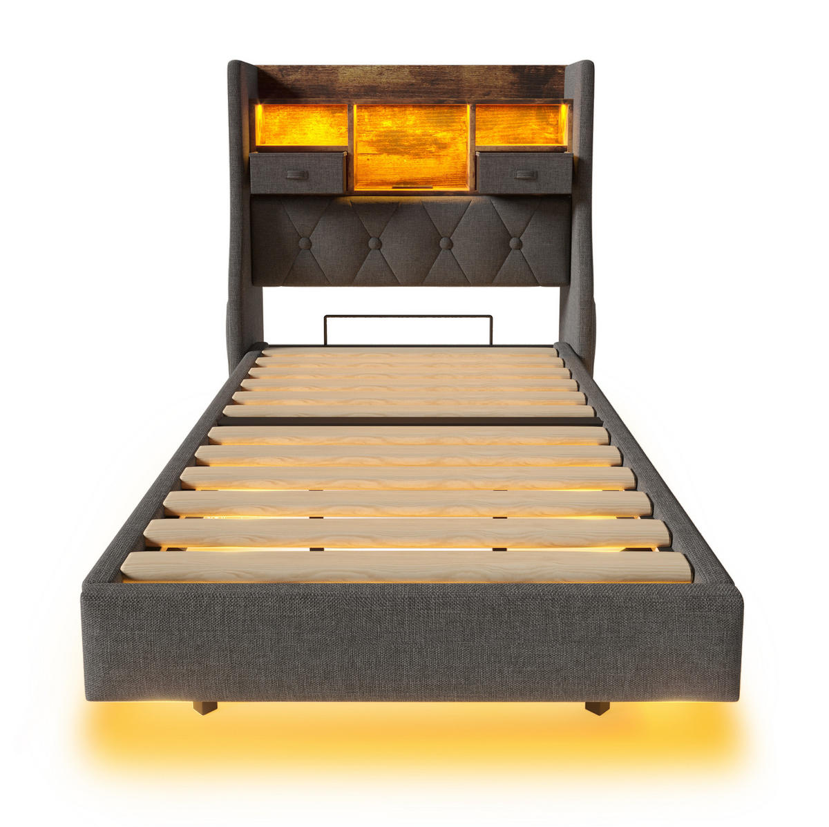 BETT mit LED und Ladestation 90x200 cm Leinen Grau - Grau, Holz (90/200cm) - Meubliv