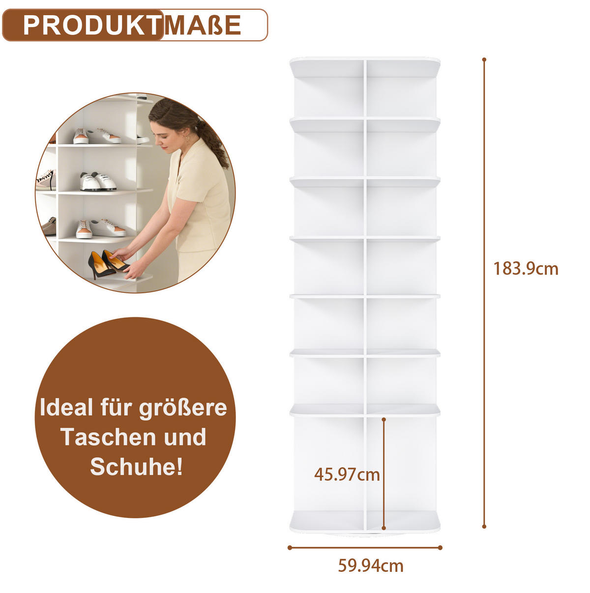 SCHUHREGAL 7 Ebenen 60/60/184 cm, drehbar in Weiß - Weiß, Holzwerkstoff (184/60/60cm) - BEAOK