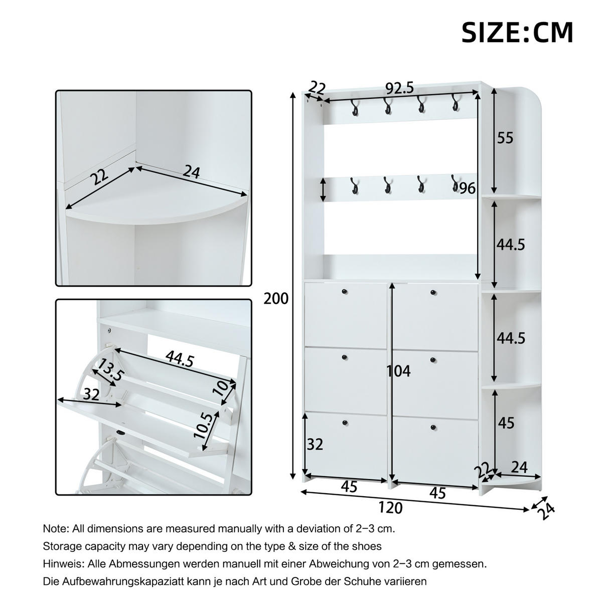 GARDEROBENSCHRANK mit Schuhaufbewahrung 120 x 24 x 200 cm Weiß 6 Klapptüren - Weiß, Holzwerkstoff (24/200/120cm) - Beauniv