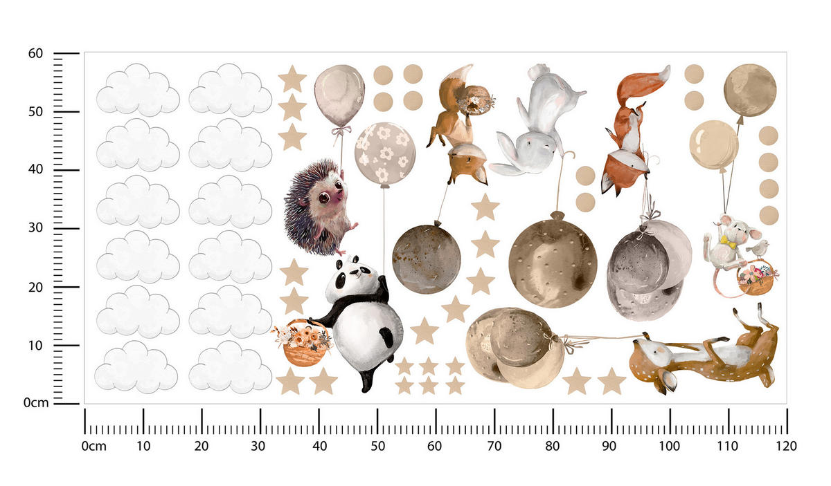 AUFKLEBER SET Tiere Ballons Wolken Sterne Punkte 120x60 - Beige/Schwarz, Papier (120/60/1cm) - Muralo