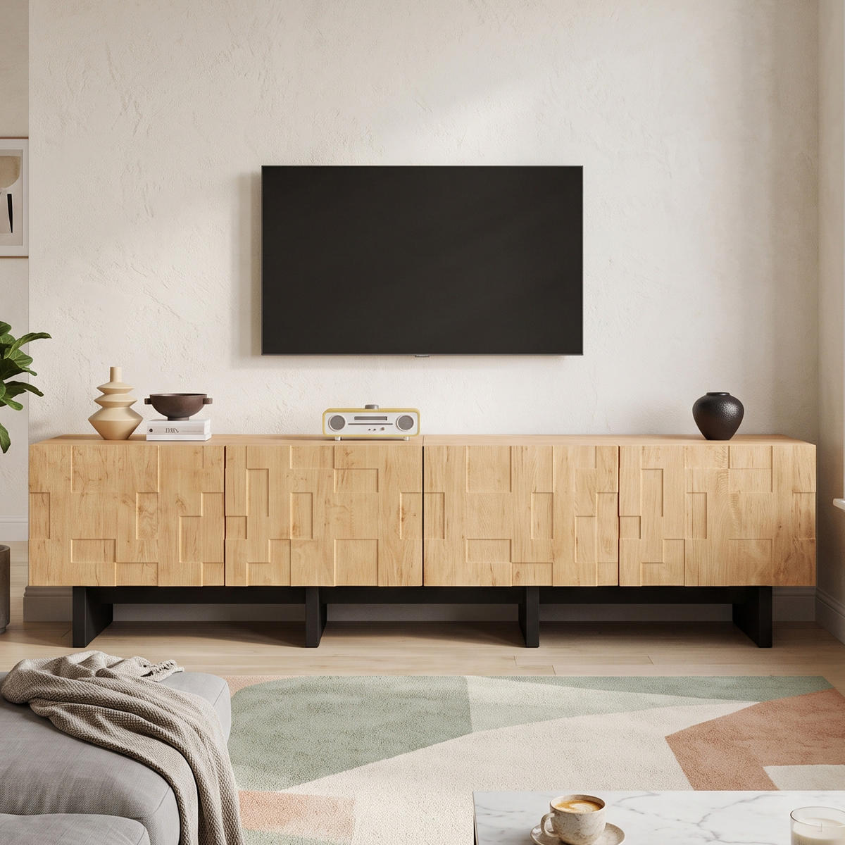 TV-BÄNK Naturträoptik 180 cm för 75 tums TV med 4 våffelmönstrade dörrar - Naturfärgad, Träbaserade material (180/45/38.5cm) - Urban Meuble