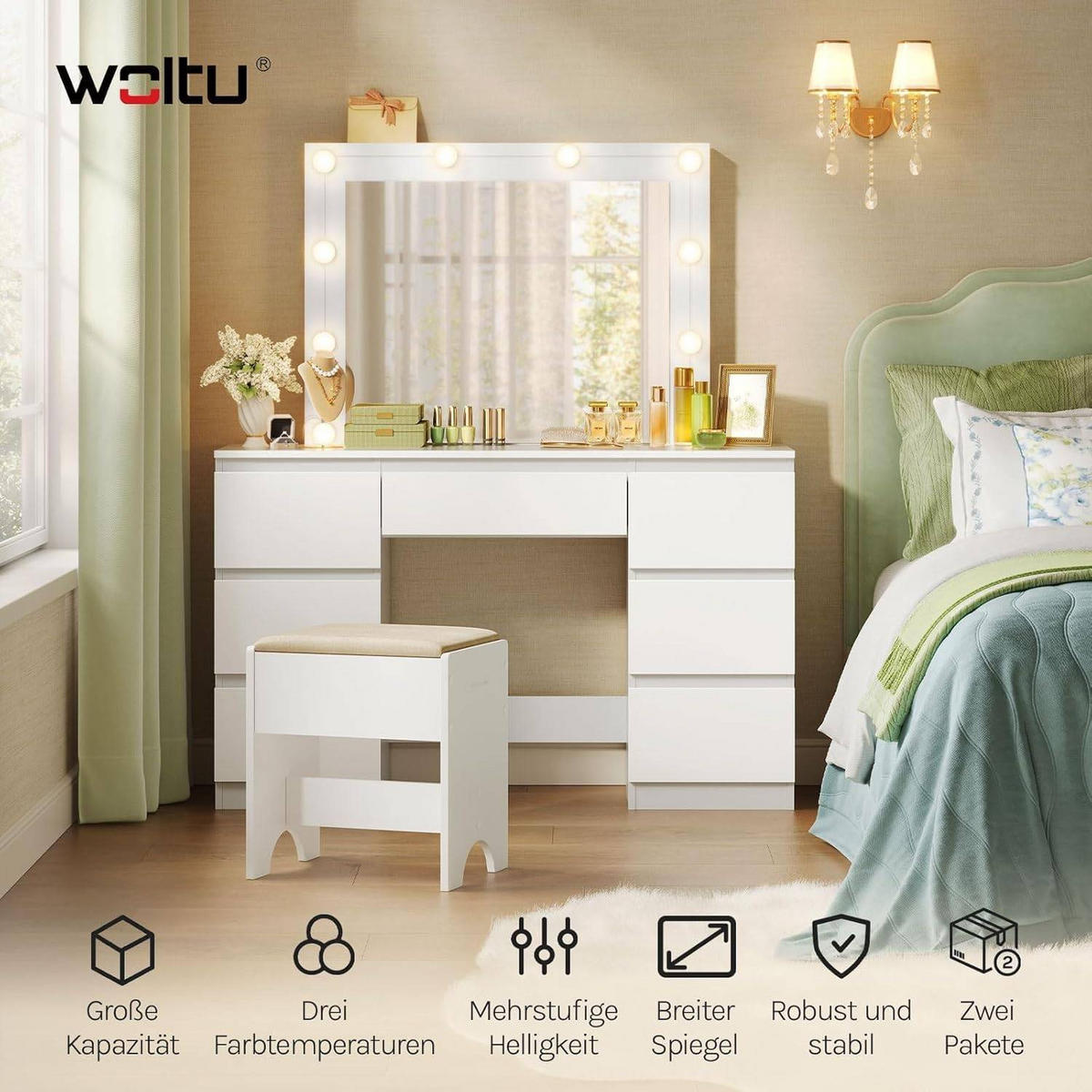 SCHMINKTISCH mit LED-Beleuchtung Weiß - Weiß, Glas/Holzwerkstoff (107/140.5/39.5cm) - Woltu