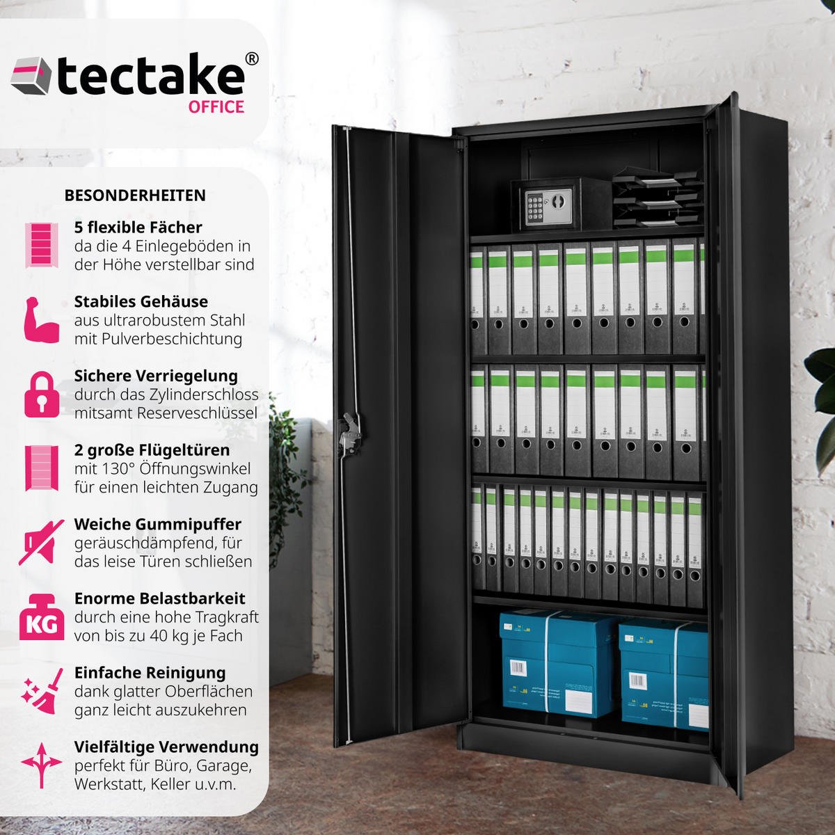 AKTENSCHRANK ,180 x 90 x 40 cm,schwarz - Schwarz, Metall (40/180/90cm) - tectake