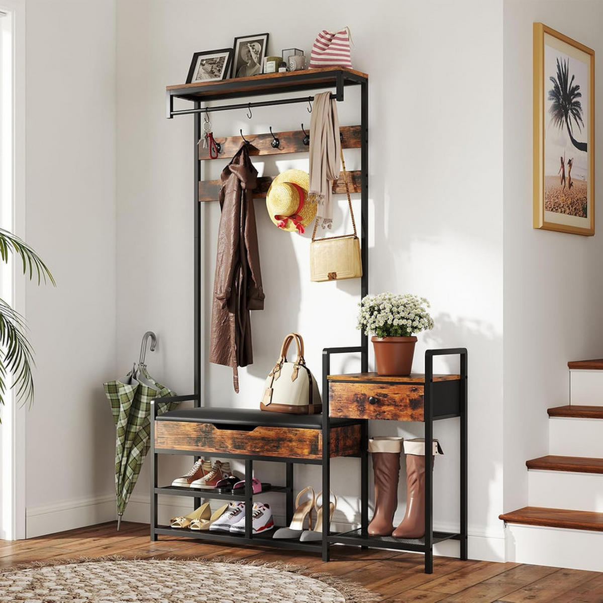 GARDEROBENSTÄNDER mit Schuhbank Rustikales braun - Braun, Holzwerkstoff (120/178/30cm) - COSTWAY