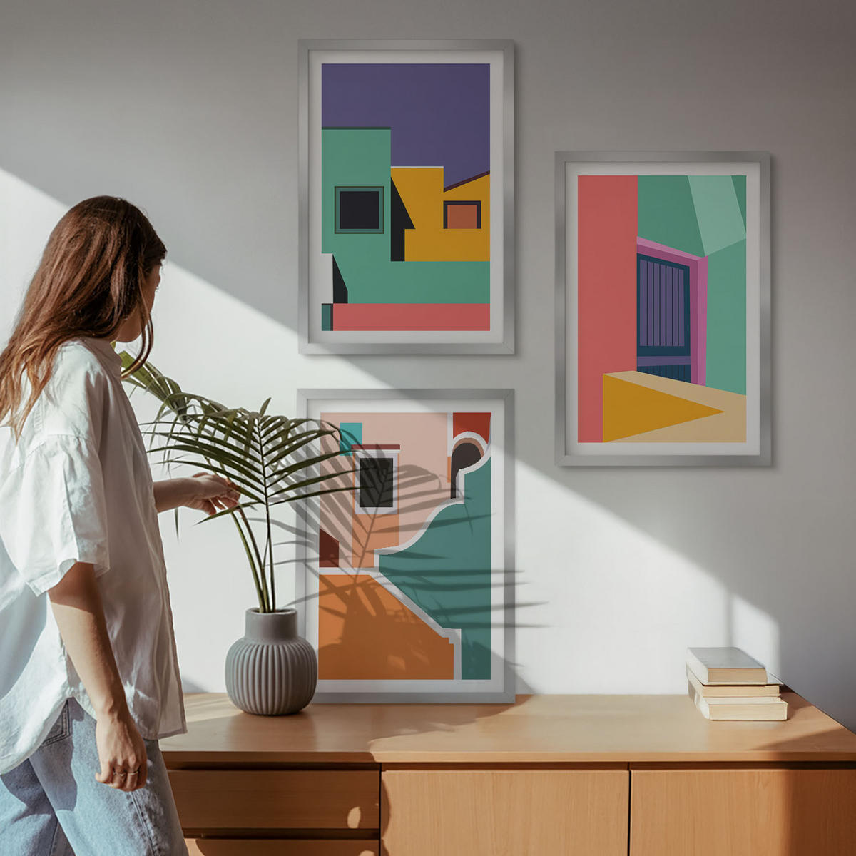 BILDER SET 3er Set - 40x60 cm Silberner Rahmen - Farbenfrohe Illustrationen der Stadt - Silberfarben, Kunststoff (40/60cm) - TULUP