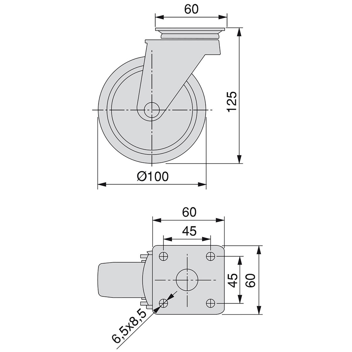ROLLEN Slip 2 mit Montageplatte, Durchmesser 100mm, Stahl und Kunststoff in graue Ausführung 4er-set - Grau, Metall (6/13/6cm) - EMUCA