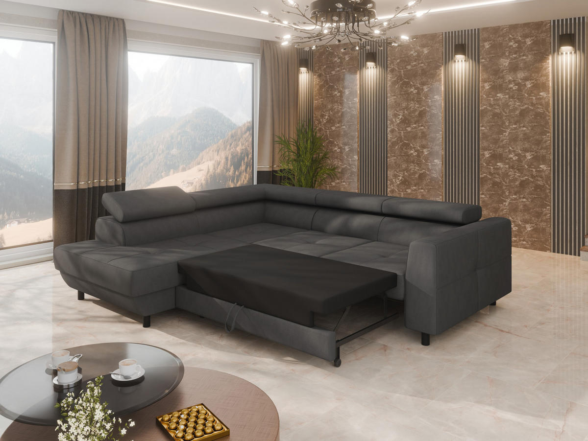 ECKSCHLAFSOFA Vena III mit Schlaffunktion und Bettkasten, Links montierbar, Graphite - Graphitfarben, Holz (199/254cm) - Homesy