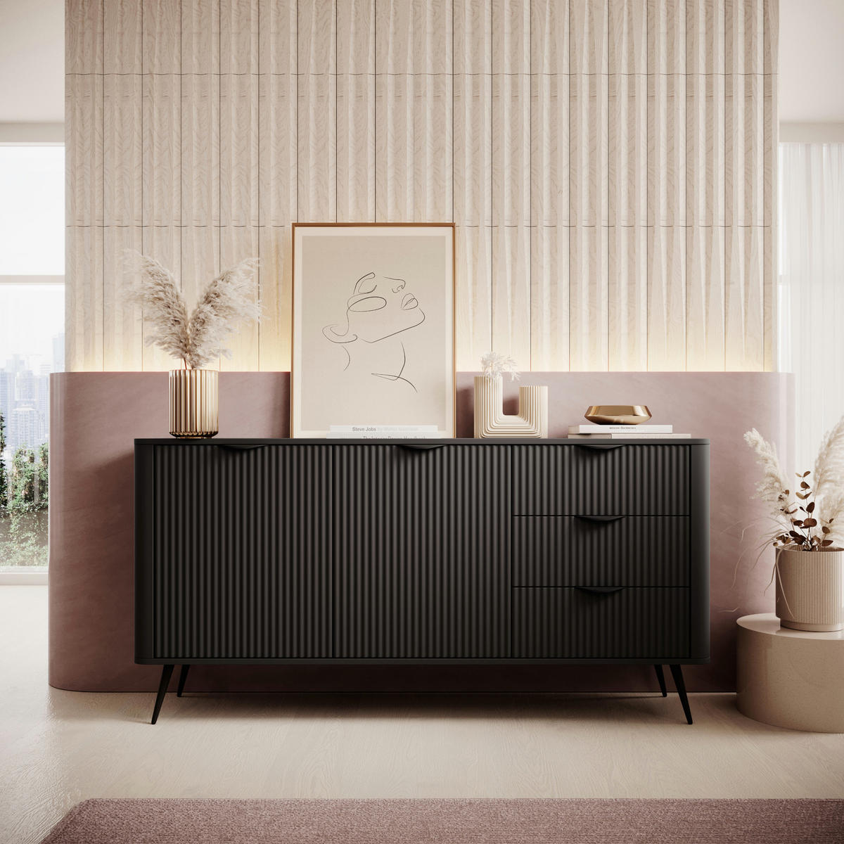 SIDEBOARD LEKNES KOM2 Reliefierte Fronten aus MDF-Platte Schwarz Schwarz - Schwarz, Glas/Holzwerkstoff (163/81/38cm) - Komodee